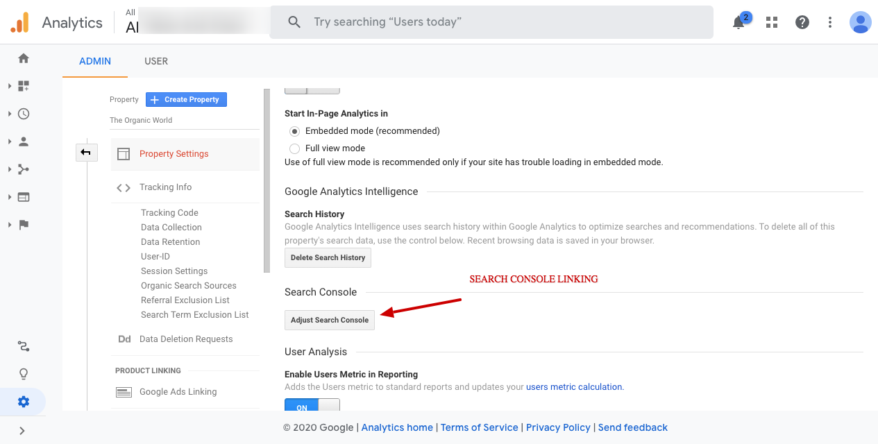 Search Console linking in Analytics