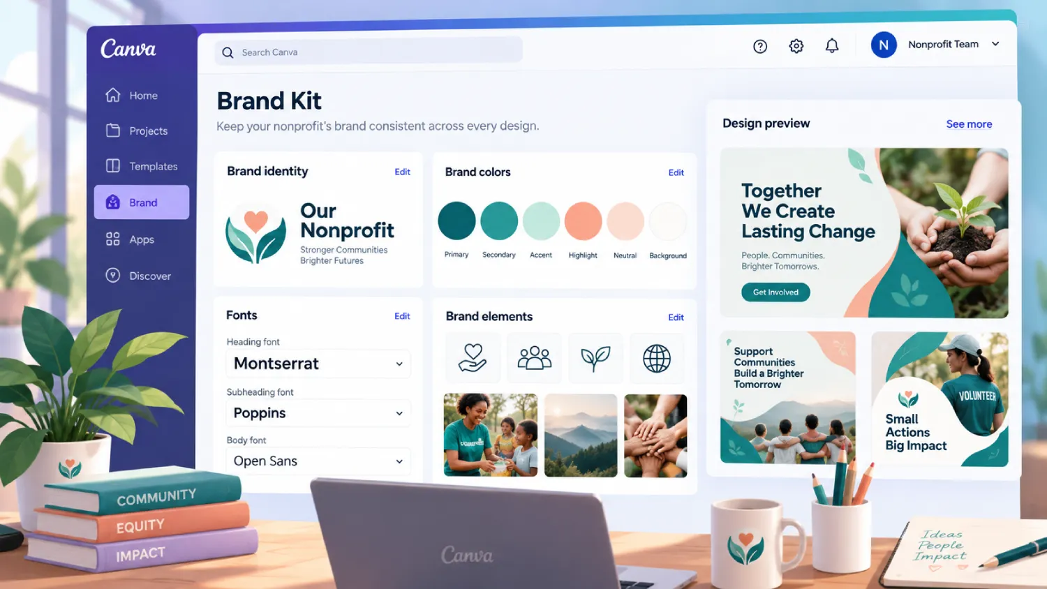 Canva Brand Kit with a nonprofit's logo, brand colours and fonts