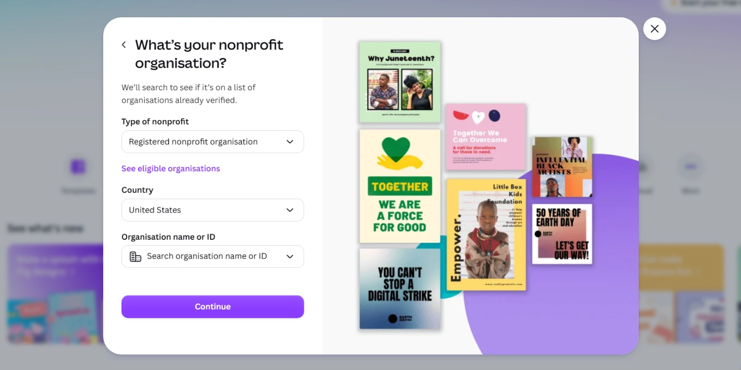 Canva for Nonprofits application form showing organisation details fields
