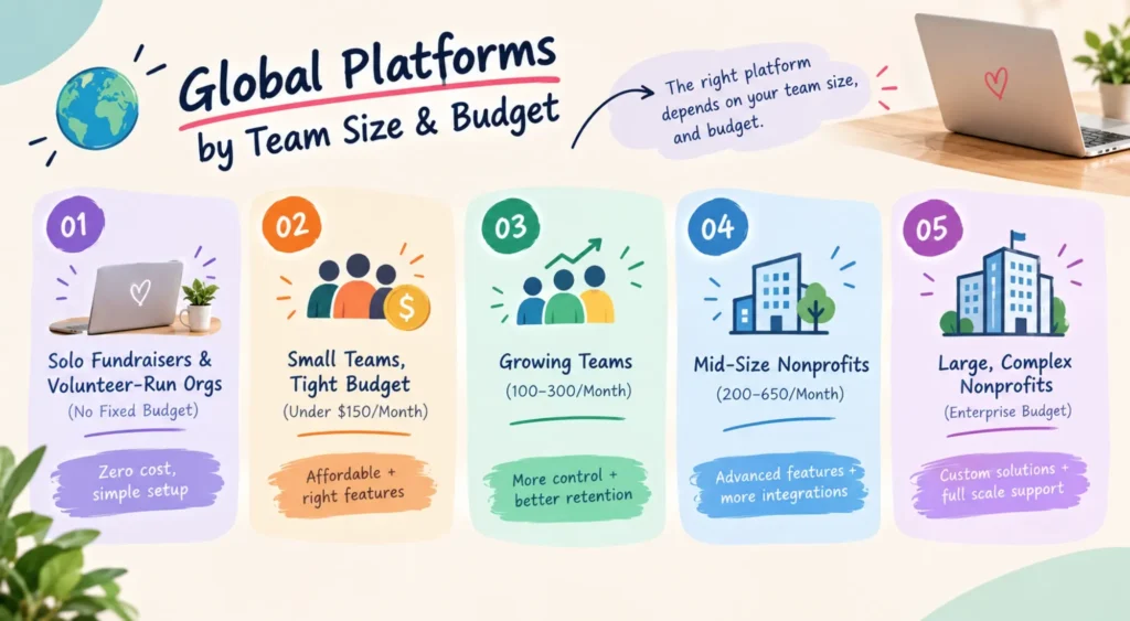 DanaMojo is built specifically as donation infrastructure for Indian NGOs rather than a crowdfunding marketplace. It handles one-time, recurring, and anonymous donations, and is built around the compliance details Indian nonprofits actually deal with: 80G receipting and FCRA-compliant handling of foreign contributions. Pricing isn't published as a flat rate; DanaMojo scopes a plan based on your organisation's size and donation volume, so budget for a sales conversation rather than a self-serve signup. Ketto is one of India's oldest crowdfunding platforms, running largely on a 0% platform fee model funded by optional donor tips, with payment gateway and verification costs still applying on top. It's strongest for time-bound, story-driven campaigns, medical fundraisers, disaster relief, education drives, rather than as an everyday donation page for your own website. ImpactGuru runs a similar 0% platform fee structure, plus a flat due-diligence and verification fee (roughly ₹3,000 + GST per campaign) for identity and document checks. It leans hard into AI-assisted campaign building and offers international donor support, which makes it a reasonable fit for Indian NGOs trying to reach diaspora donors abroad. Milaap started as rural and micro-entrepreneur funding before expanding into healthcare, education, and disaster relief campaigns. It charges a flat subscription-style fee rather than the pure tip-funded model Ketto and ImpactGuru use, worth comparing directly against your expected campaign size. GiveIndia works differently from the four above; it's a donor marketplace rather than a campaign builder, and it's particularly useful when donors specifically want 80G-verified giving through a registered NGO rather than an individual crowdfunding page. The honest trade-off across all five: crowdfunding platforms like Ketto, ImpactGuru, and Milaap are built for campaign-based, time-bound asks with a network effect. DanaMojo is built for an NGO that wants owned, ongoing donation infrastructure on its own website. Most established Indian nonprofits end up running both: a crowdfunding platform for campaigns, DanaMojo or a similar gateway for the year-round donate button. Global Platforms by Team Size & Budget